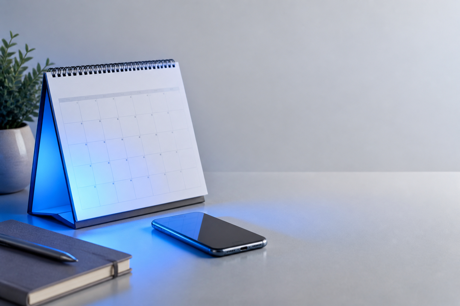 Calendar and phone on a modern desk