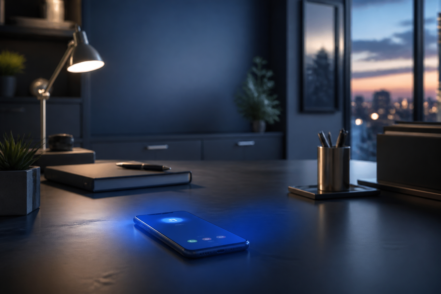 Phone receiving a call on a modern desk